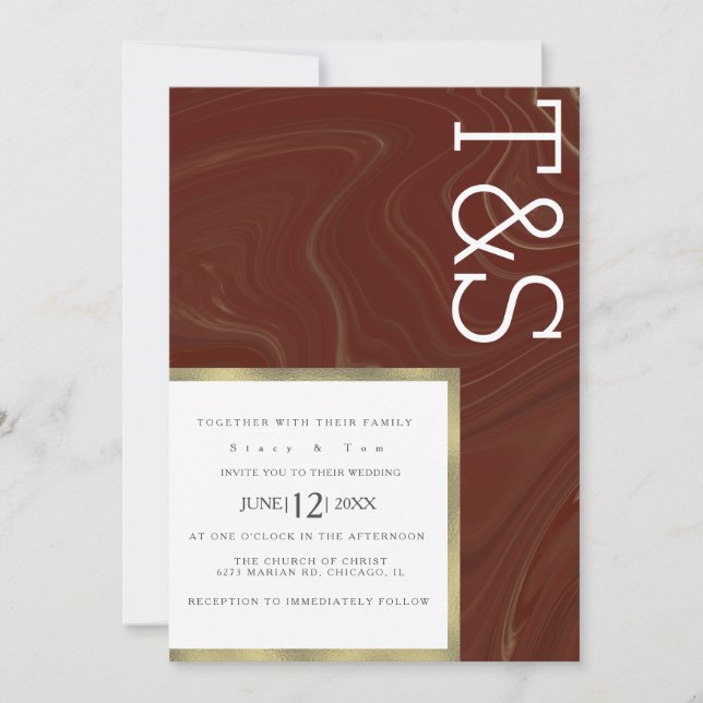 Convite de Casamento Tipografia Dourada Burgundy L (Frente)