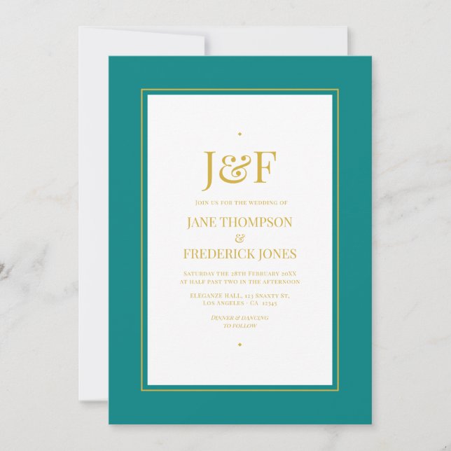 Convite de Casamento Tipografia Teal e Dourado Mod (Frente)
