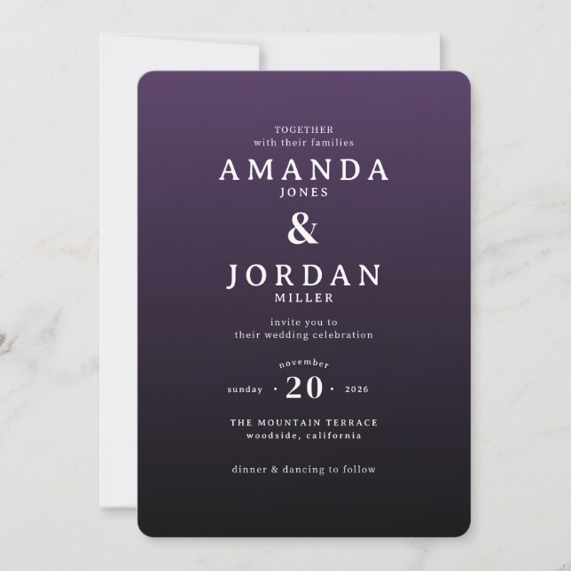 Convite de Casamento Tipográfico Roxo Elegante (Frente)
