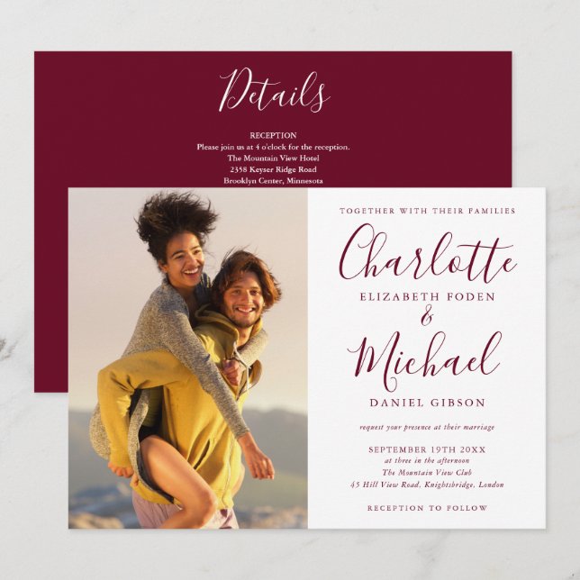 Convite de Casamento Todo em Um Foto Script Burgun (Frente/Verso)