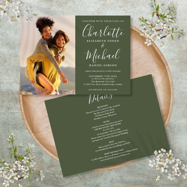 Convite de Casamento Todo em Um Foto Script Elegan (Olive Elegant Script Photo Wedding All In One Invitation)