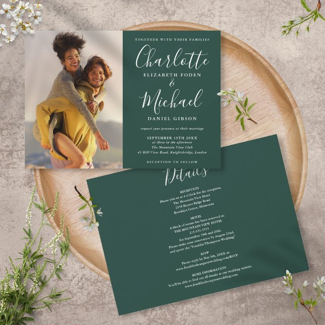 Convite de Casamento Todo em Um Foto Script Verde  (Criador carregado)