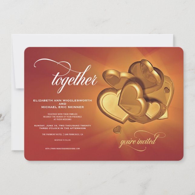 Convite de Casamento Together Golden Hearts (V4) (Frente)