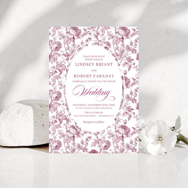 Convite de Casamento Toile de Jouy Rosa Vintage (Vintage Pink Rose Pattern Toile Wedding Invitation)