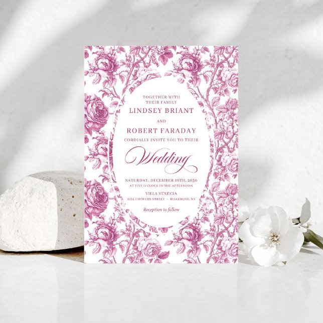 Convite de Casamento Toile de Rosas Rosa Empoeirad (Stylish Dusty Rose Toile Roses Wedding Invitation Card

)