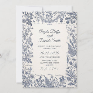 Convite de Casamento Toile Floral Azul