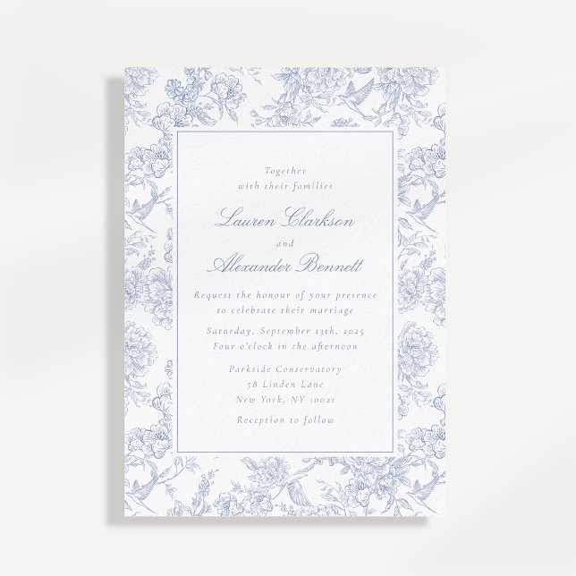 Convite de Casamento Toile Floral Azul (Criador carregado)
