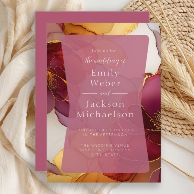 Convite de Casamento Tom de Joia Laranja Borgonha  (Burgundy and orange  alcohol ink wedding invitation)