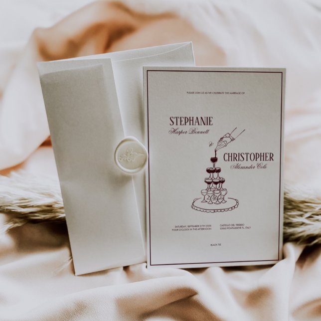 Convite de Casamento Torre de Champanhe Borgonha M (burgundy modern retro wedding invitation, hand drawn champagne tower, deep red wedding invite )
