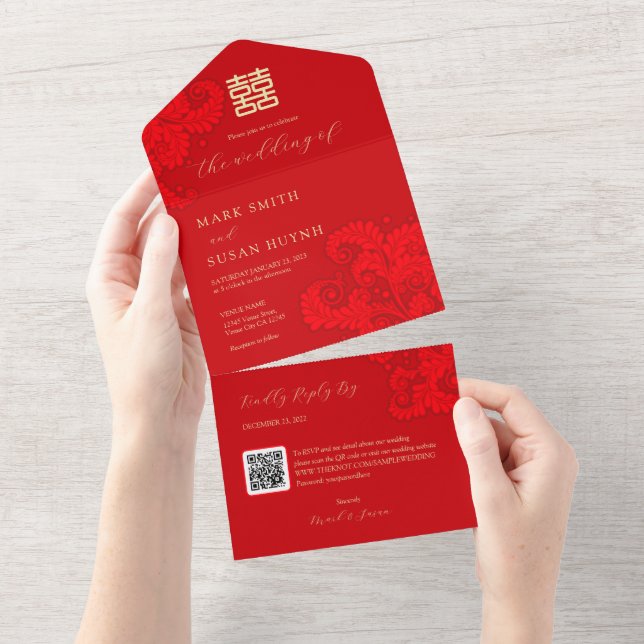 Convite de Casamento Tradicional Chinês Tudo em Um (Aba destacável)