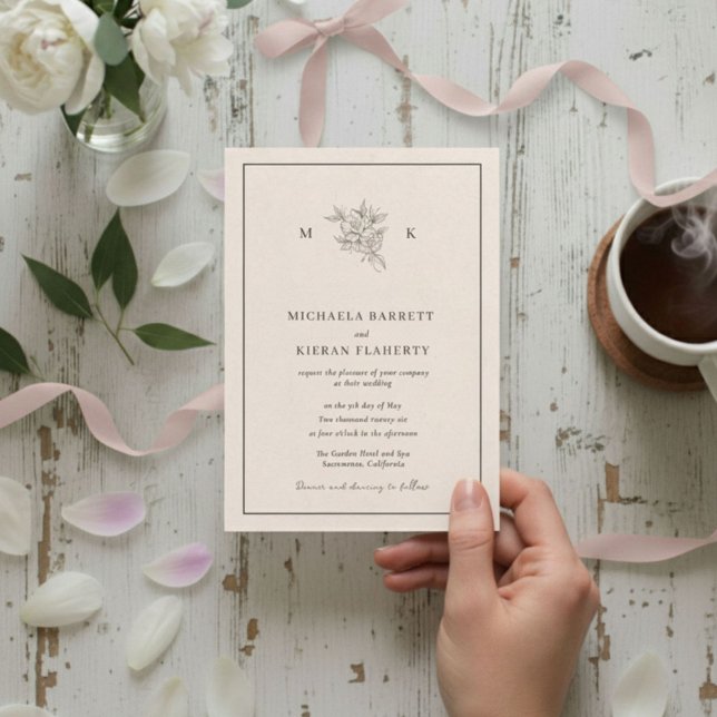 Convite de Casamento Tradicional com Monograma Ros (Traditional Blush Pink Monogram Wedding Invitation)