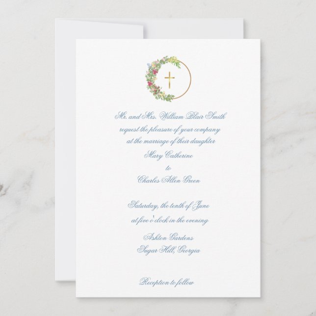 Convite de Casamento Tradicional, Floral com Cruz (Frente)