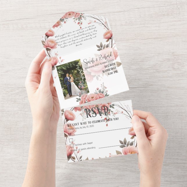 Convite de Casamento Tri-Fold Floral Jardim Clássi (Aba destacável)