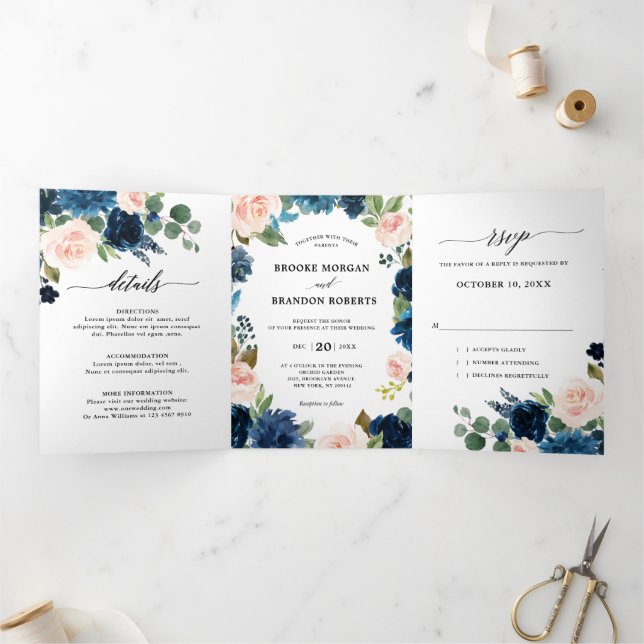 Convite de Casamento Trifold Azul Marinho Rosa Beg (Dentro)