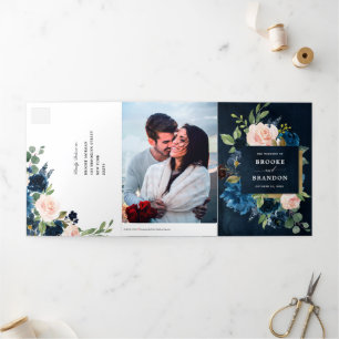 Convite de Casamento Trifold Azul Marinho Rosa Beg