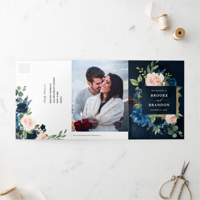 Convite de Casamento Trifold Azul Marinho Rosa Beg (Fora)