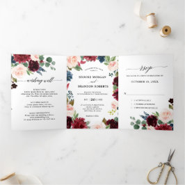 Convite de Casamento Trifold Vermelho Borgonha Mar