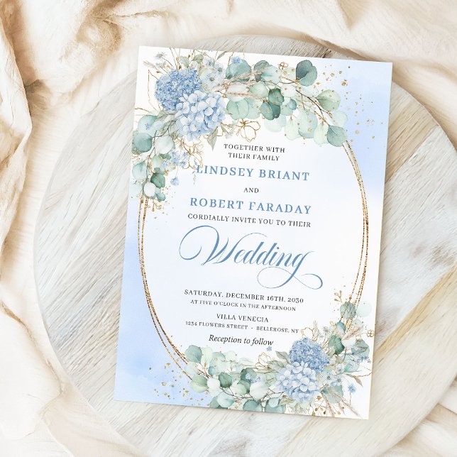 Convite de Casamento Trigo Azul Clássico Dourado (Classic Blue Hydrangea Wheat Gold Wedding Invitation)