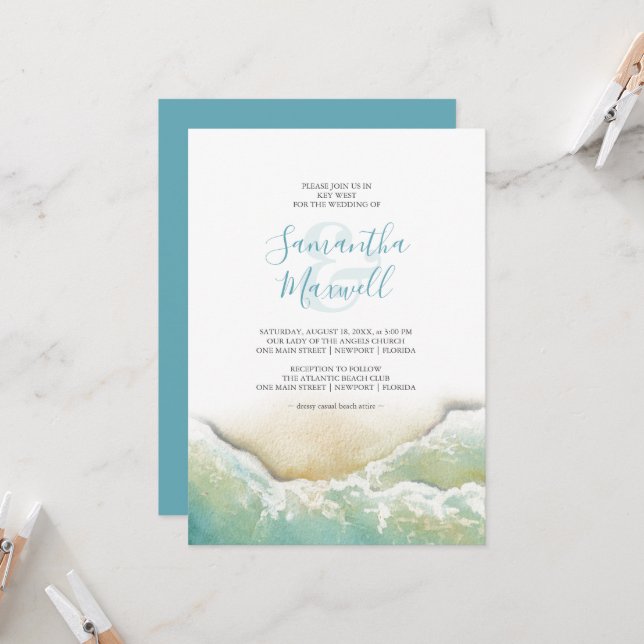 Convite de Casamento Tropical Azul à Beira-Mar em  (Frente/Verso In Situ)