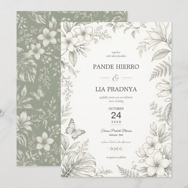 Convite de Casamento Tropical Bali Plumeria (Frente/Verso)