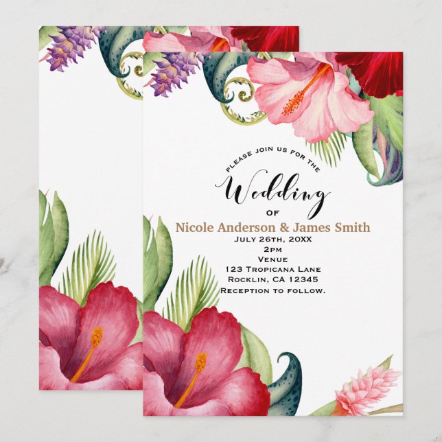 Convite de Casamento Tropical Botânico Floral Aloh (Frente/Verso)