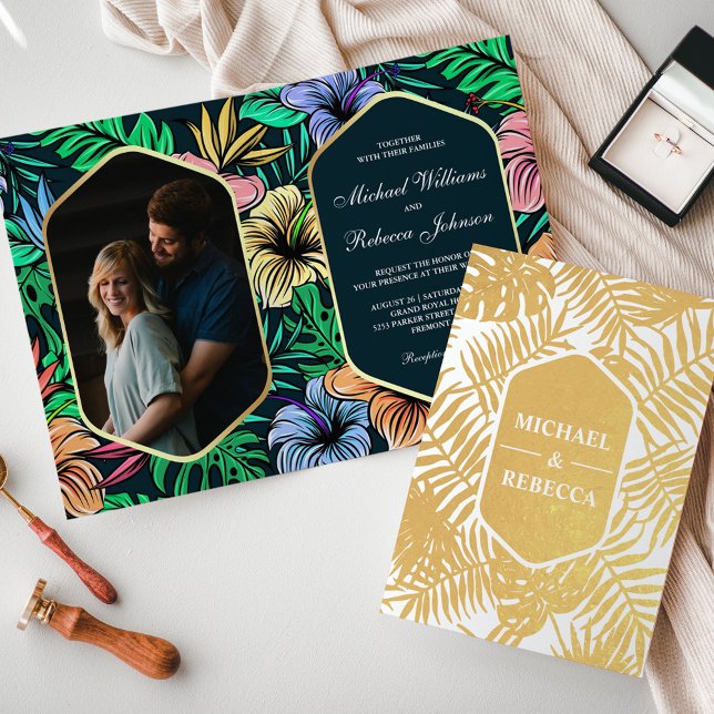 Convite de Casamento Tropical com Folha de Ouro Az (Criador carregado)