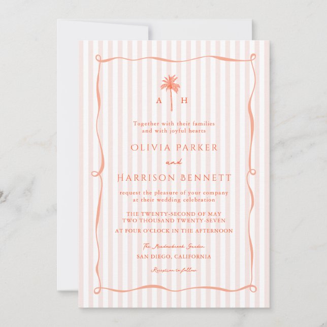 Convite de Casamento Tropical com Palmeira Rosa Pê (Frente)