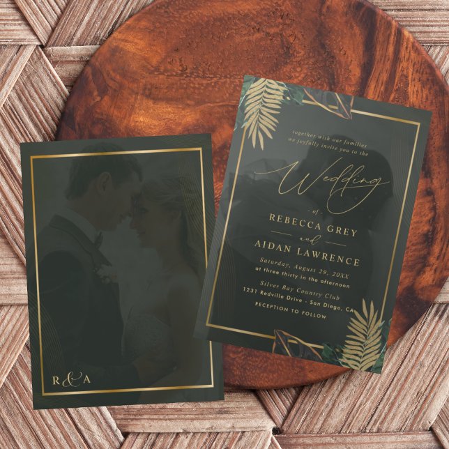 Convite de Casamento Tropical Dourado Verde Escuro (Criador carregado)