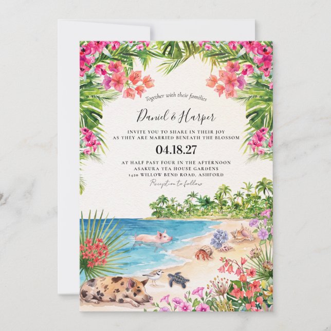 Convite de Casamento Tropical Moderno das Bahamas (Frente)