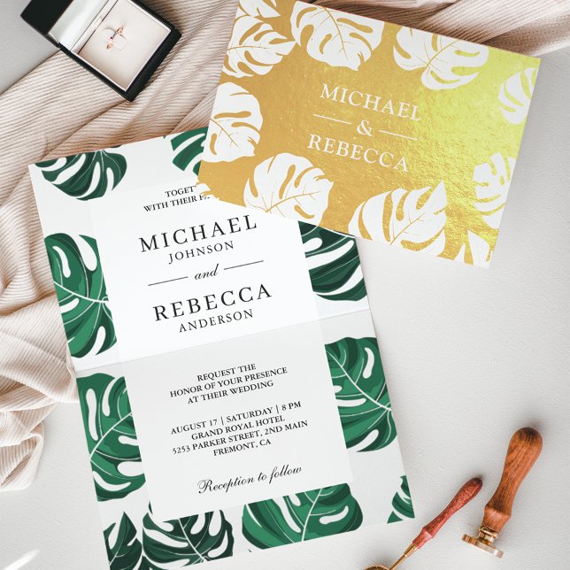 Convite de Casamento Tropical Monstera com Folha d (Criador carregado)