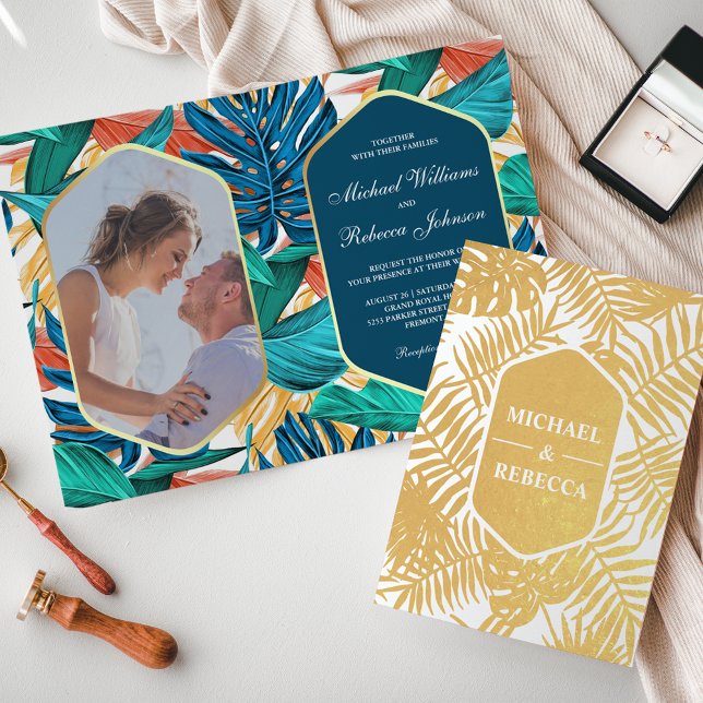 Convite de Casamento Tropical Oceano Azul Dourado (Criador carregado)