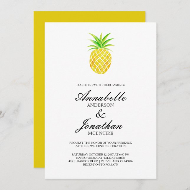 Convite De Casamento Tropical Pineapple Watercolor (Frente/Verso)