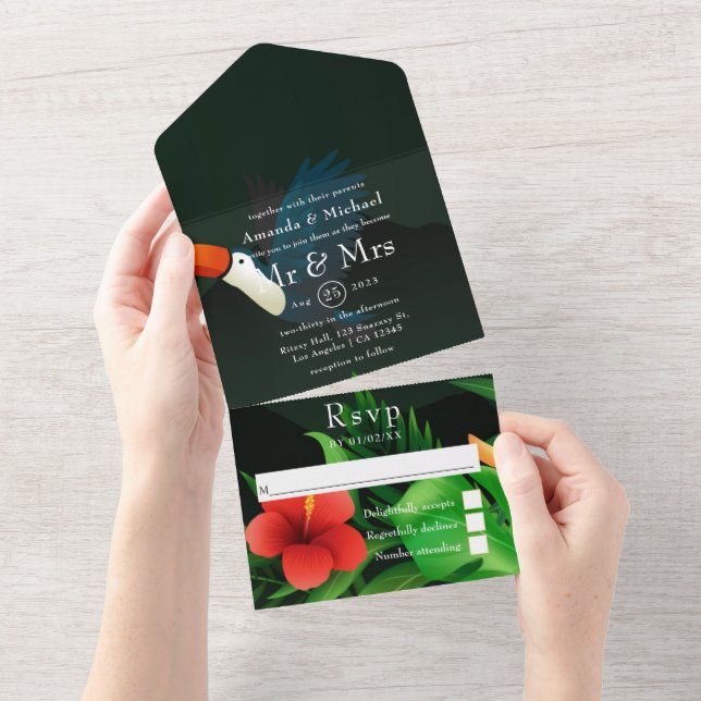 Convite de Casamento Tropical Tudo em Um (Aba destacável)