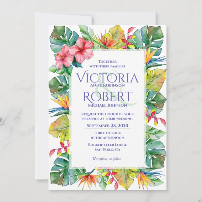 Convite De Casamento | Tropical Watercolor Floral (Frente)