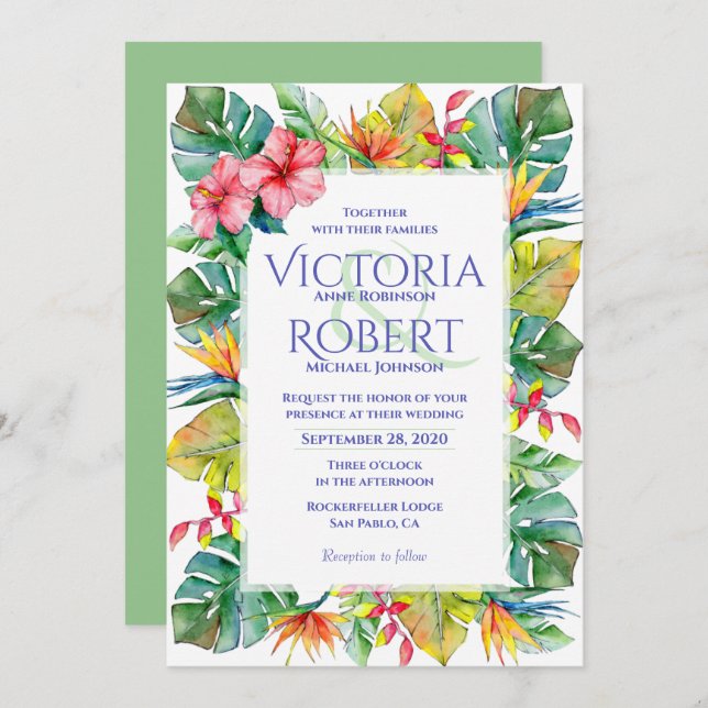 Convite De Casamento | Tropical Watercolor Floral (Frente/Verso)
