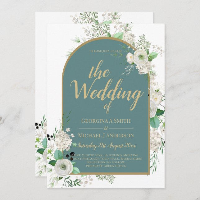 Convite de Casamento Tudo-em-1 de Rosas Brancas El (Frente/Verso)