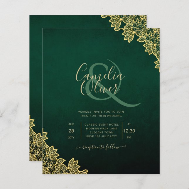 Convite de Casamento Tudo-em-1 Verde Esmeralda com (Frente/Verso)