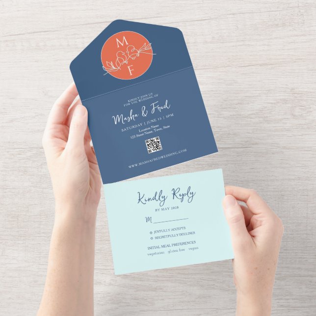 Convite de Casamento Tudo Em Um Azul Coral (Aba destacável)