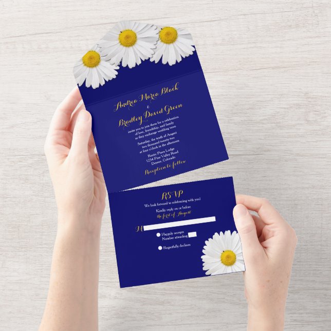 Convite de Casamento Tudo em Um Azul Marinho Daisy (Aba destacável)