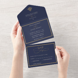 Convite de Casamento Tudo em Um Azul Marinho Old M
