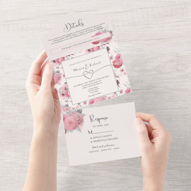 Convite de Casamento Tudo-em-Um Blush Floral (Aba destacável)
