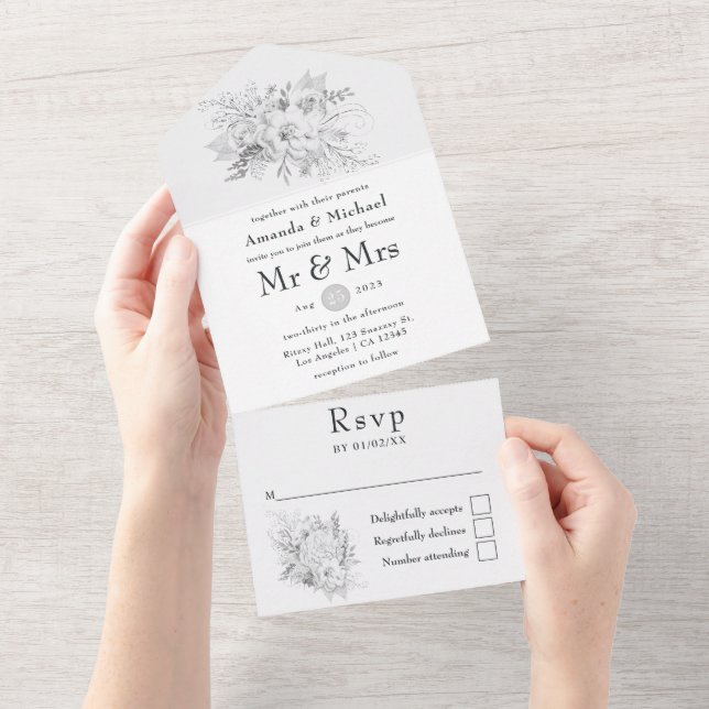 Convite de Casamento Tudo Em Um Branco (Aba destacável)