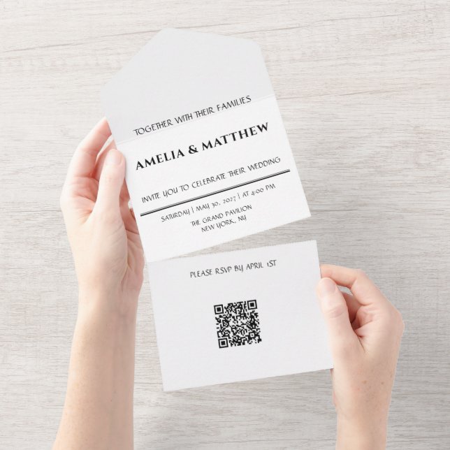 Convite de Casamento Tudo em Um com Código QR (Aba destacável)