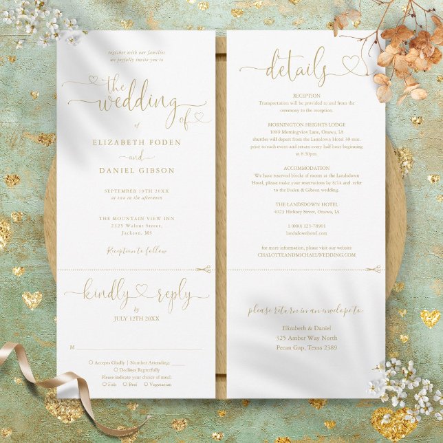 Convite de Casamento Tudo em Um com Coração Dourad (Modern Gold Heart Script All In One Wedding Invitation)