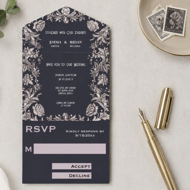 Convite de Casamento Tudo em Um com Floral Gravada (Criador carregado)