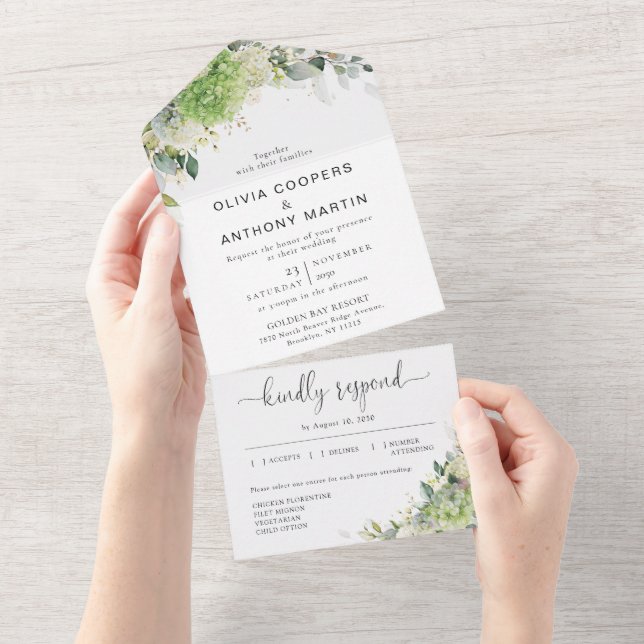 Convite de Casamento Tudo em Um com Hortênsias Ver (Aba destacável)