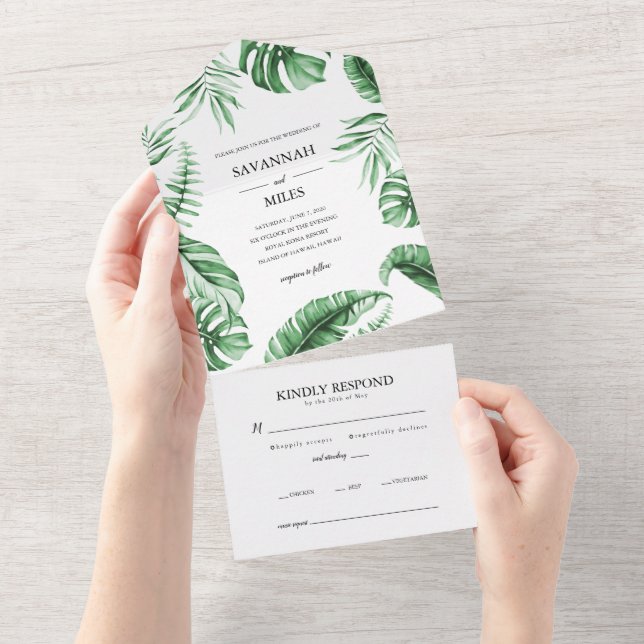 Convite de Casamento Tudo em Um com Vegetação Trop (Aba destacável)