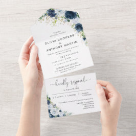 Convite de Casamento Tudo em Um Floral Azul Marinh