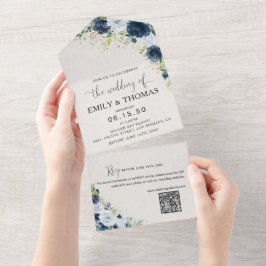 Convite de Casamento Tudo em Um Floral Azul Marinh