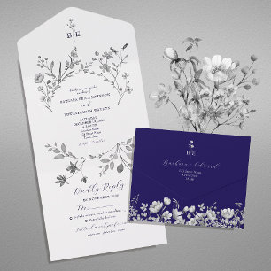 Convite de casamento tudo-em-um Floral Azul Real